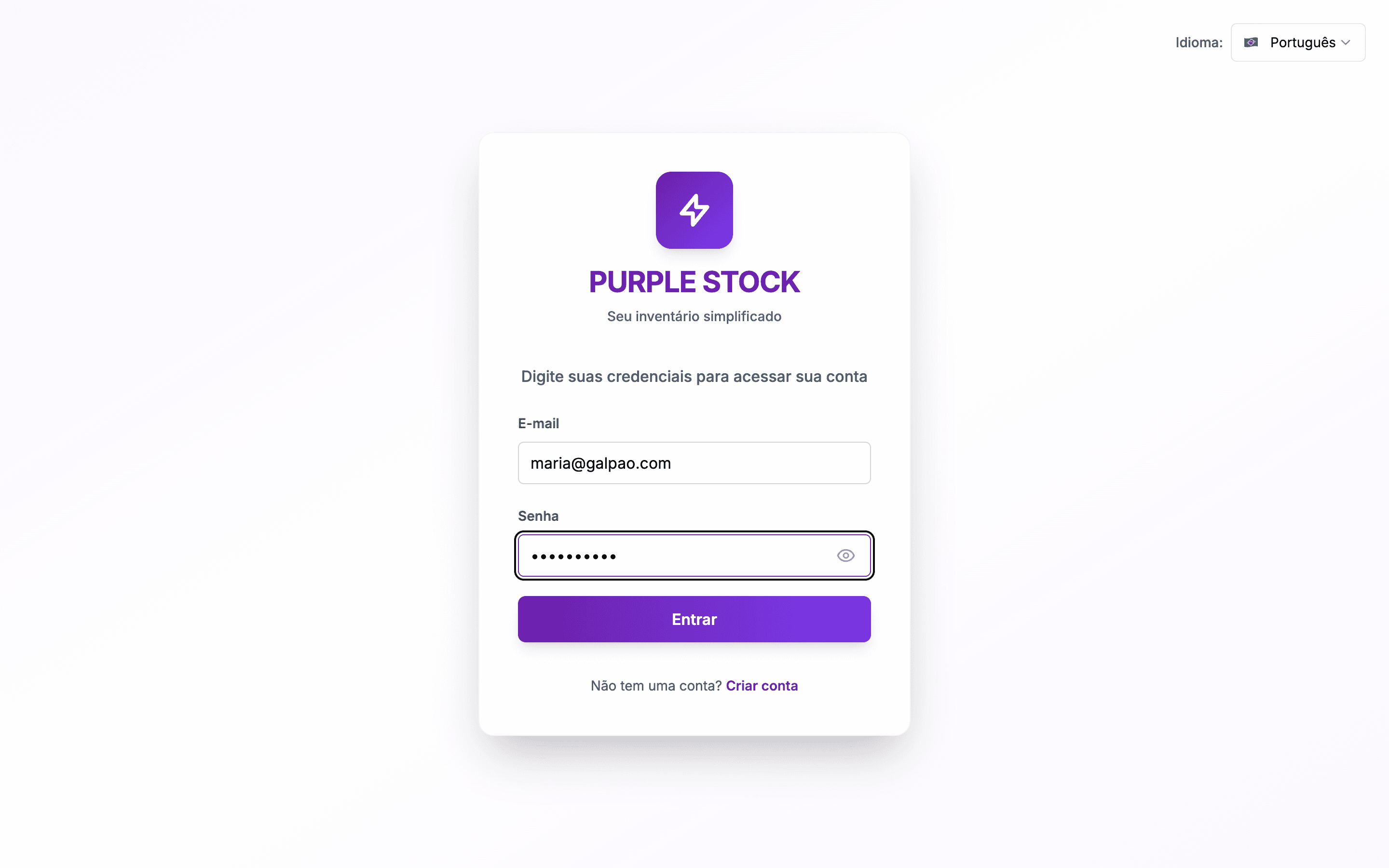 Tela de login do Purple Stock em português
