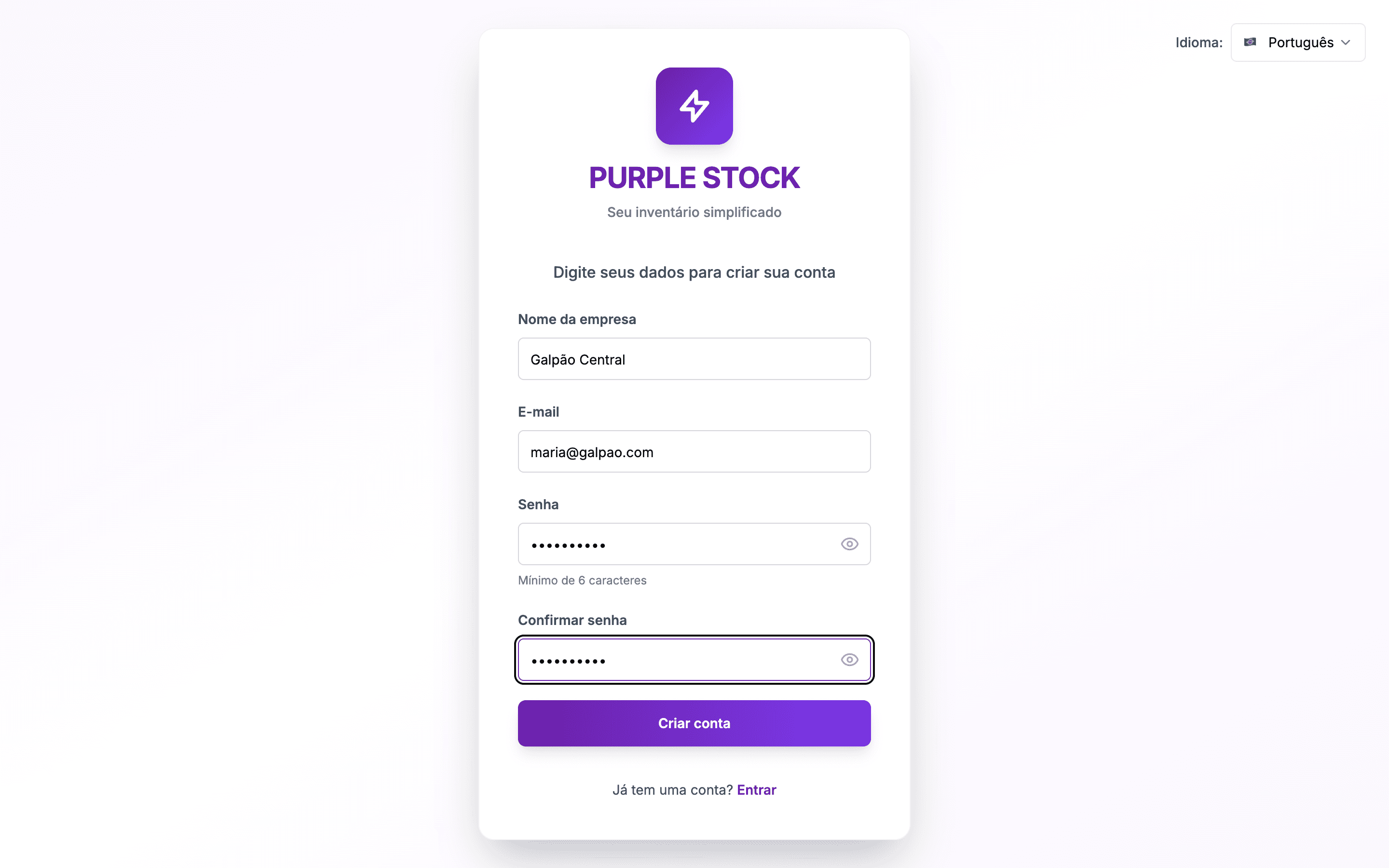 Tela de cadastro da empresa no Purple Stock