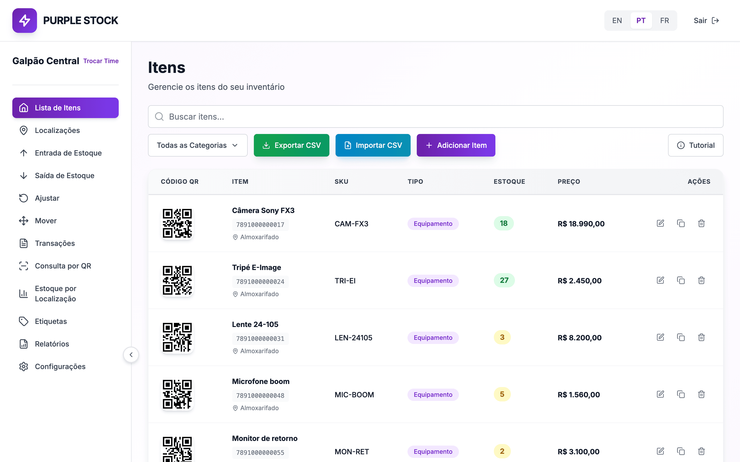 Lista de itens do Purple Stock com equipamentos e código QR de cada um