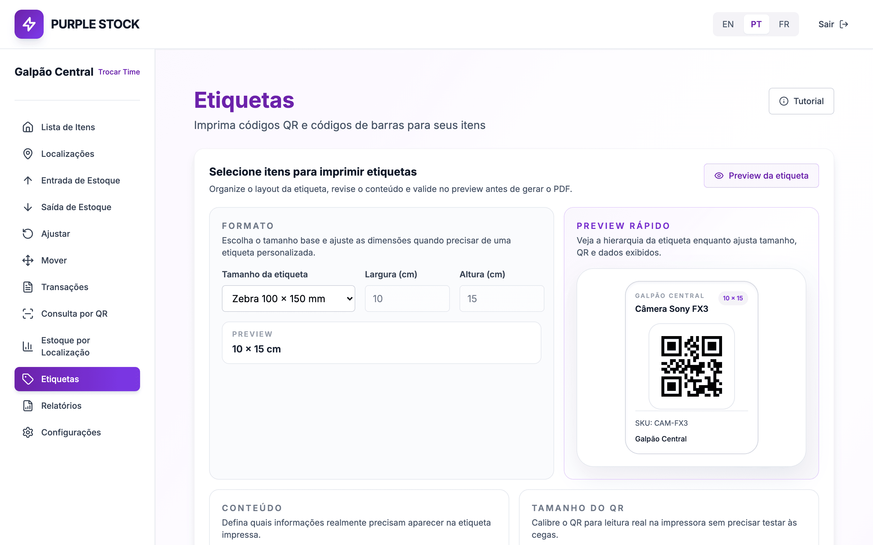 Tela de etiquetas do Purple Stock com itens marcados para impressão de QR