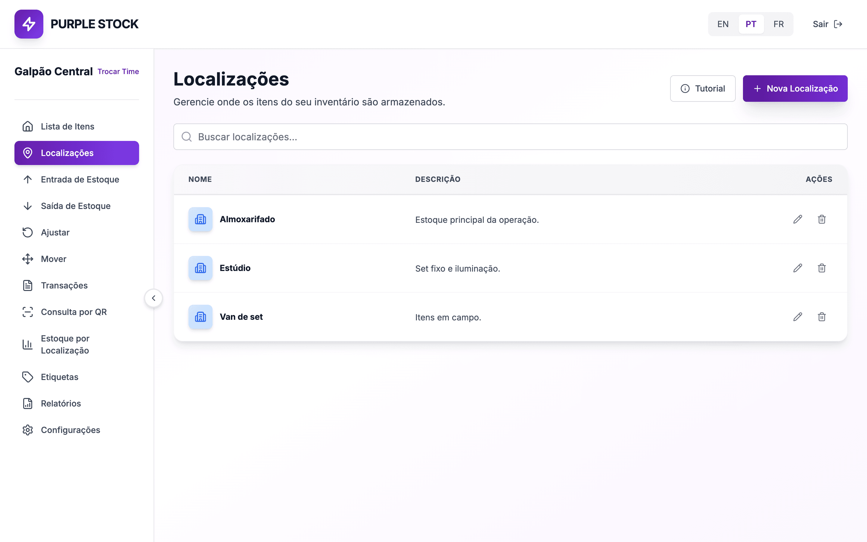 Lista de localizações do estoque no Purple Stock
