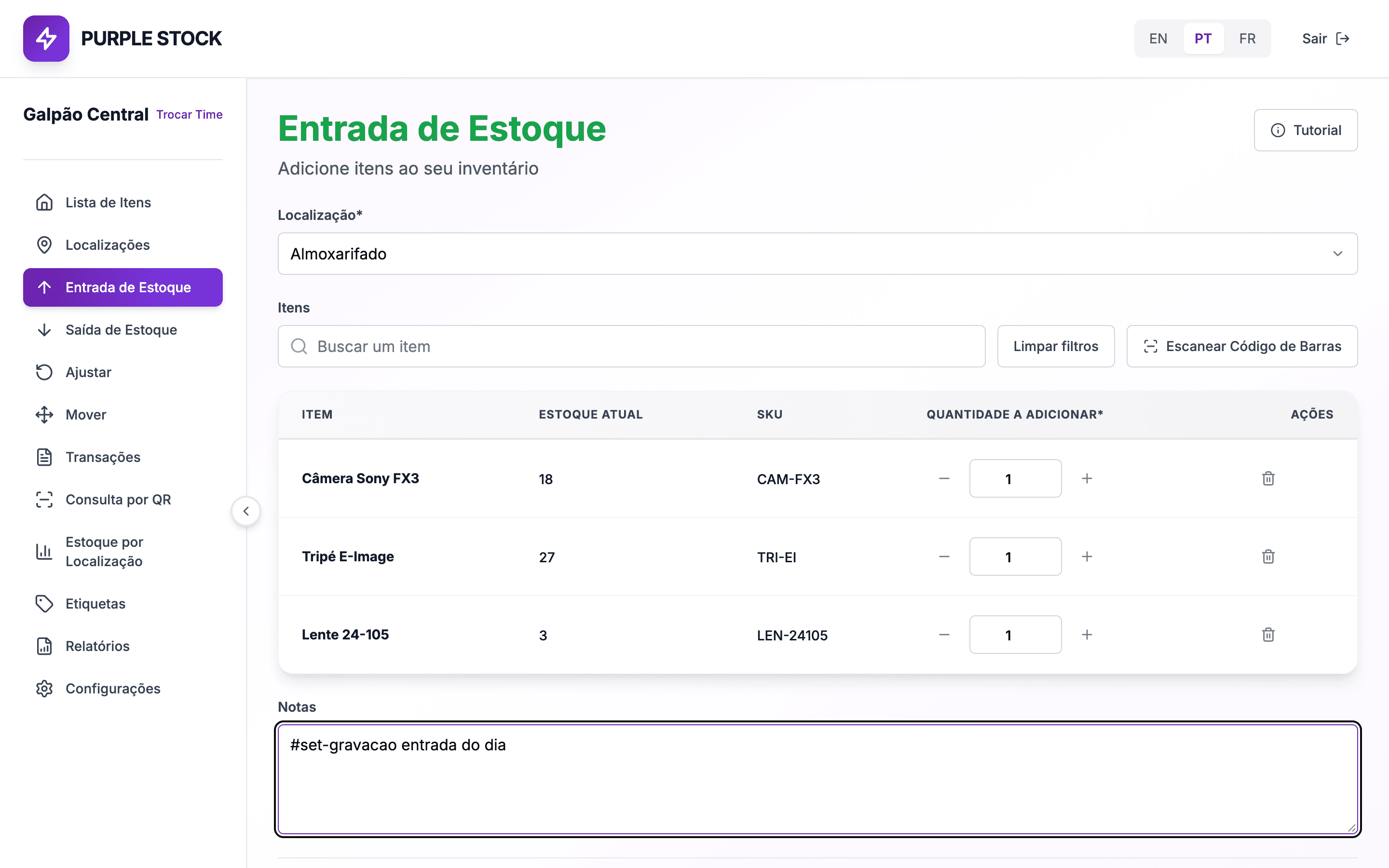 Tela de entrada de estoque do Purple Stock com itens selecionados e quantidade