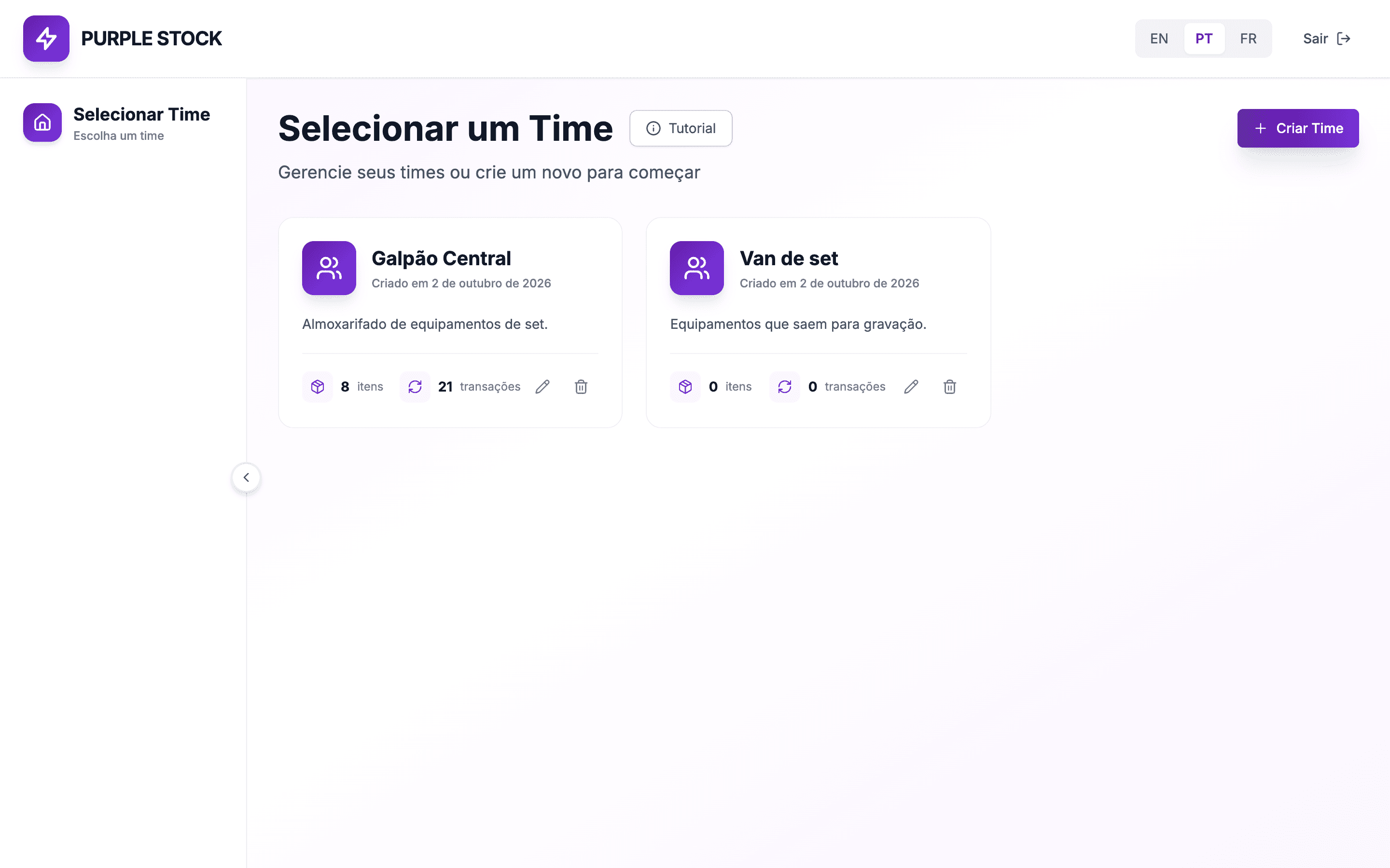 Lista de times do Purple Stock com Galpão Central e Van de set