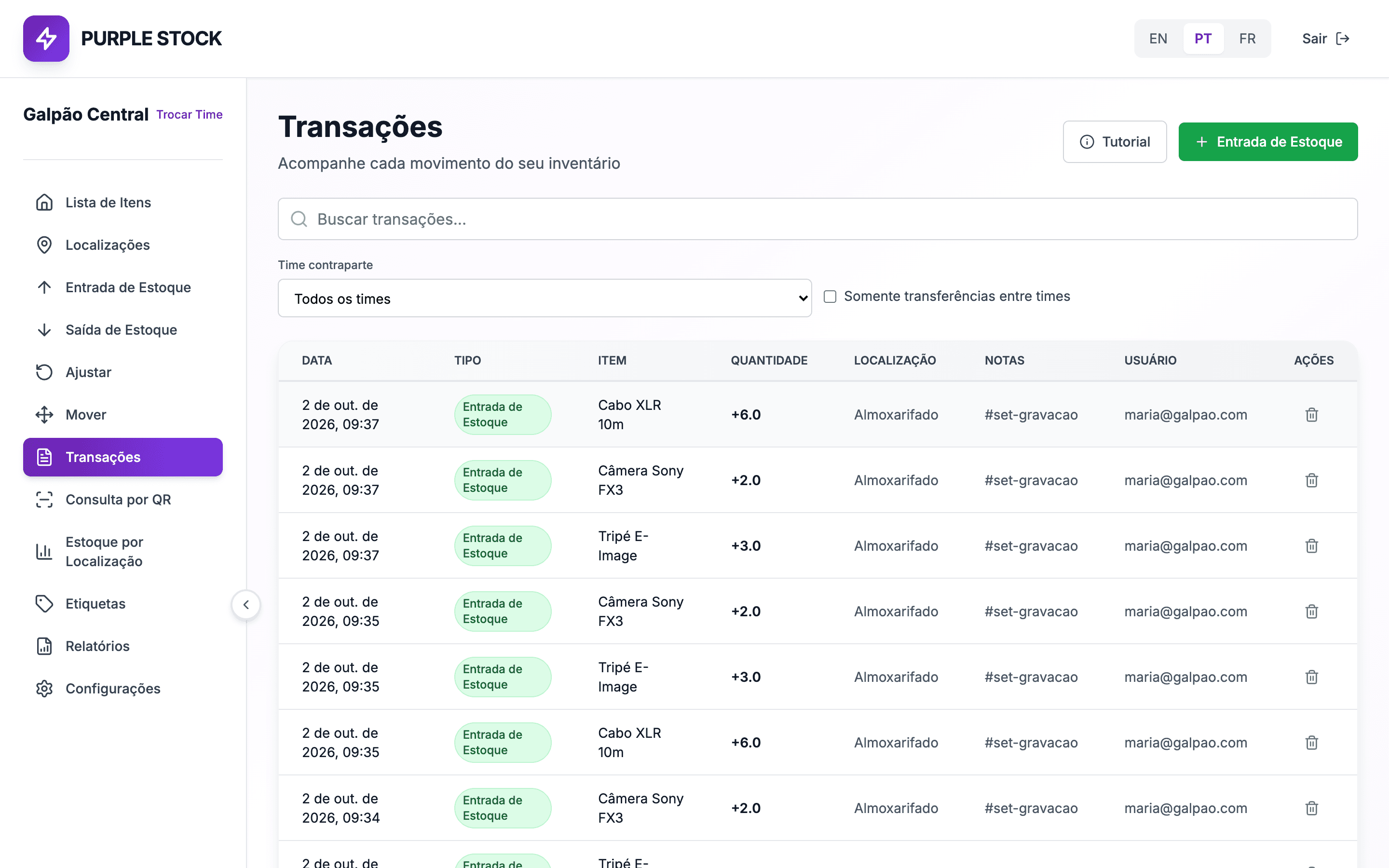 Histórico de transações de estoque no Purple Stock